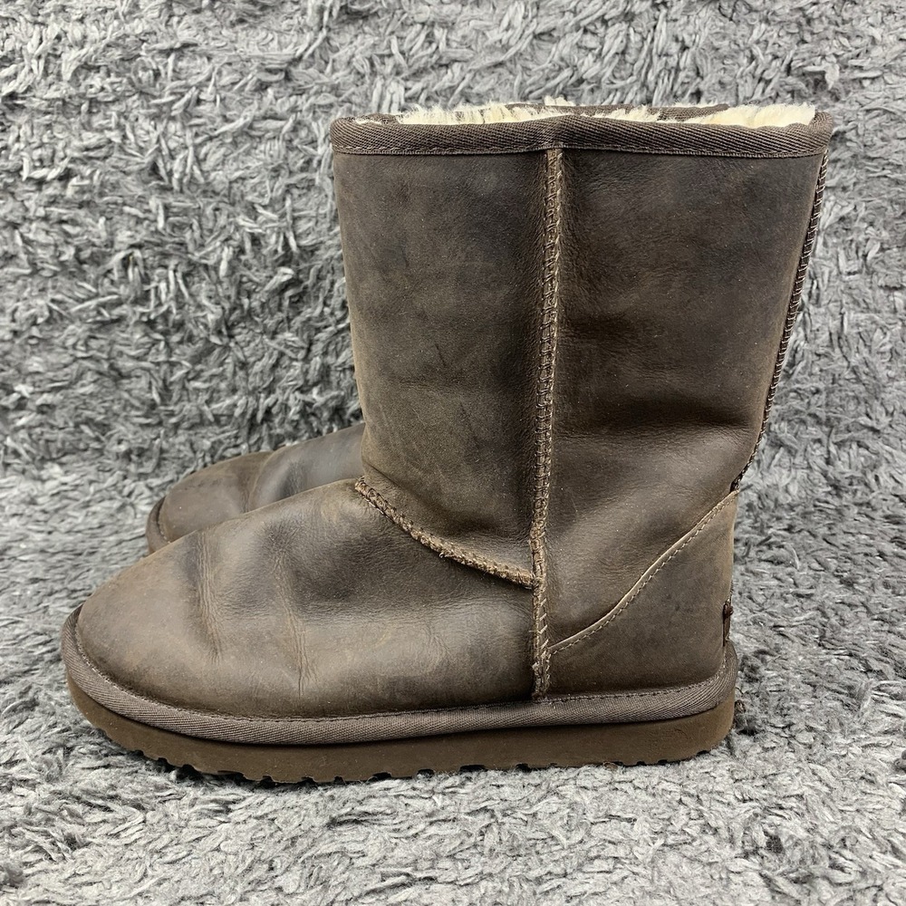 UGG Mid Calf Boots Womens Size 7 Brown Leather Fur Lined